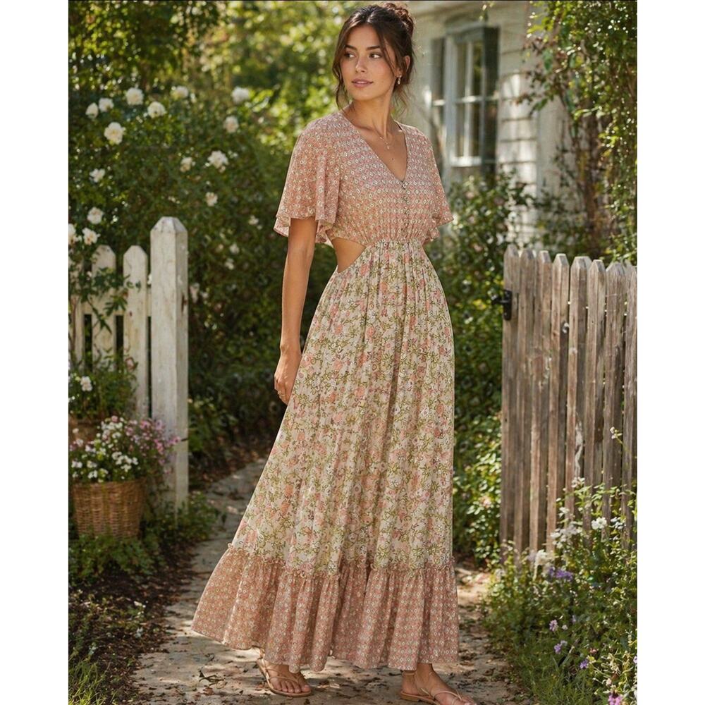 cottagecore Boho Mixed Print Blocked Floral Maxi Dress 2 Flutter Sleeve Cutout